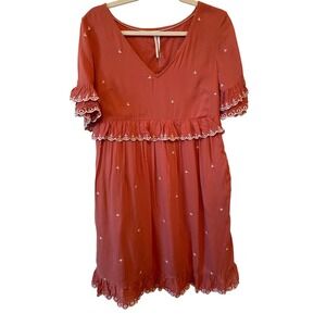 Anthropologie Samia Ruffled Embroidered Dress in Rose Size 4 Terra Cotta